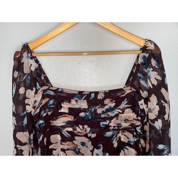 Abercrombie & Fitch Brown Emerson Long Sleeve Sheer Floral Midi Dress Sz Medium - Picture 5 of 8